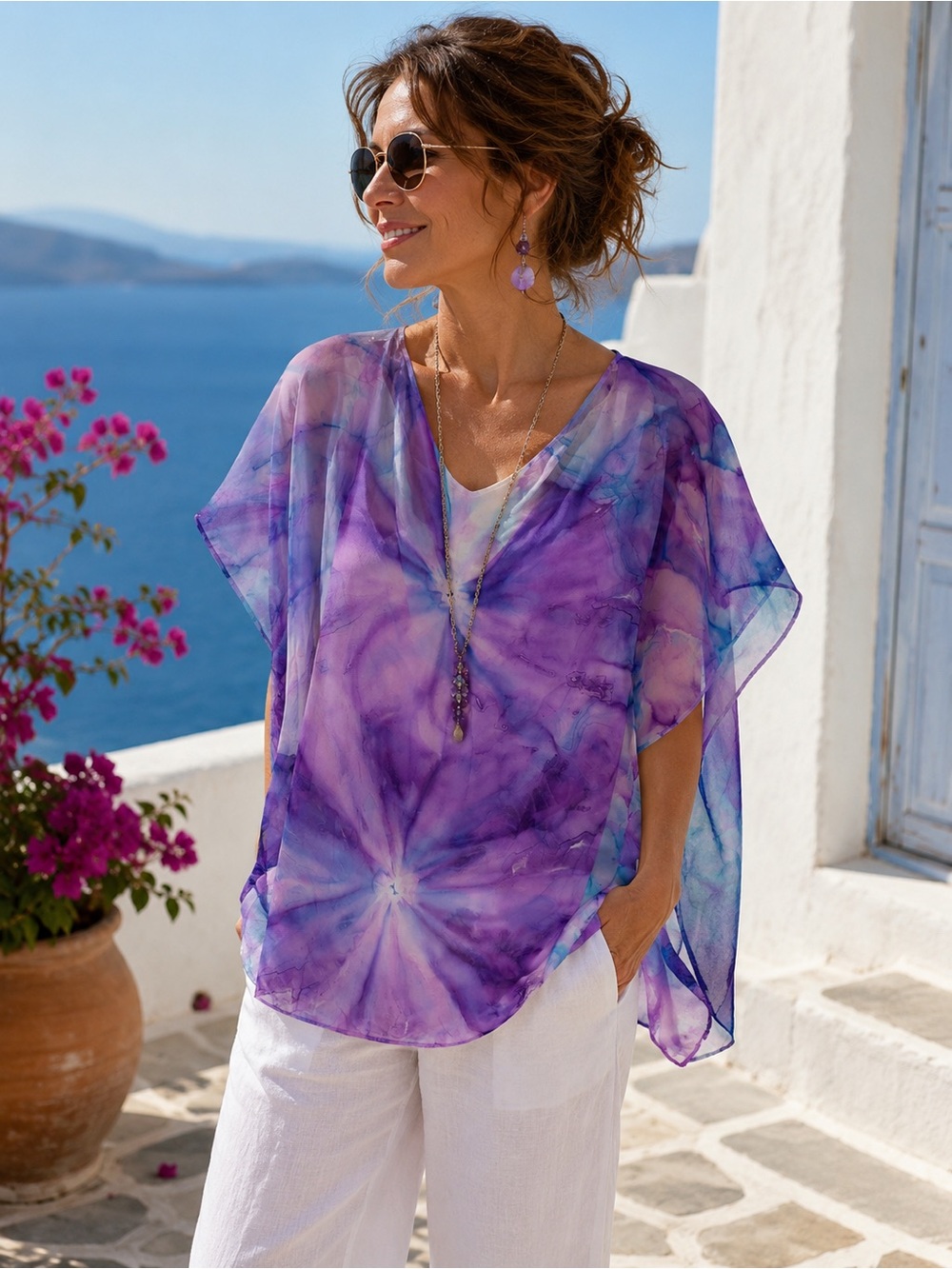 Handmade Dyed Wearable Art Sheer Kaftan Top Purple Blue Aqua Watercolor One Size